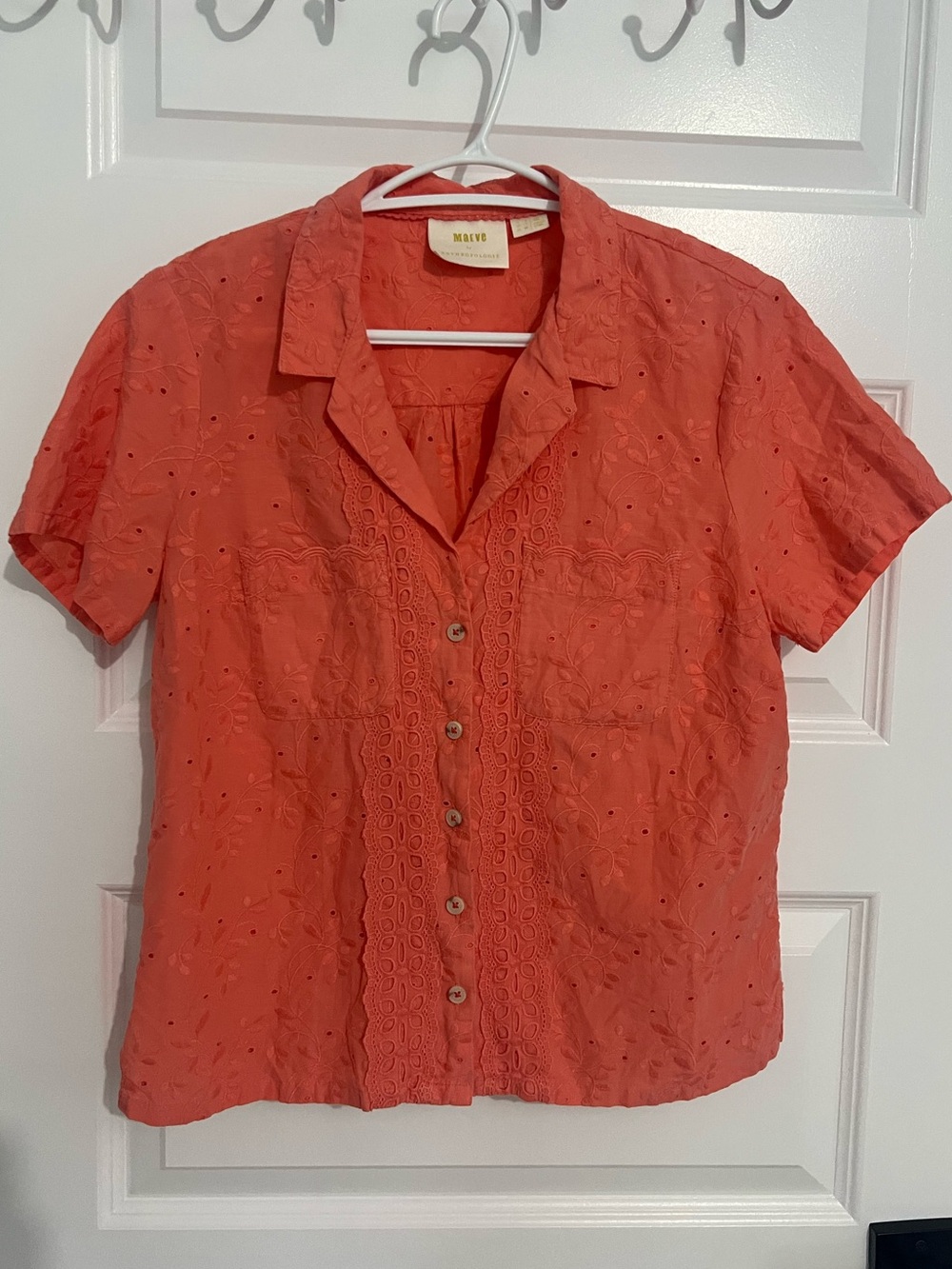 288 - Anthropologie Maeve Coral Eyelet Button-Down Short Sleeve Shirt